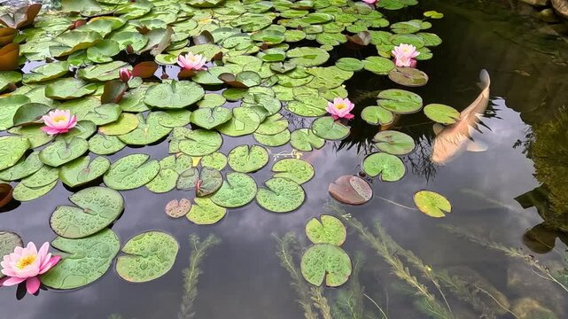 The image depicts a freshwater pond with pink water lilies (genus Nymphaea) and floating green leaves. Members of the genus Nymphaea are aquatic flowering plants commonly known as water lilies.
