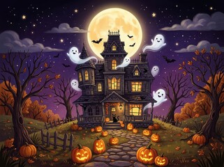 Fototapeta premium Spooky haunted house with glowing pumpkins and ghosts under a full moon in the night sky for a halloween celebration scene