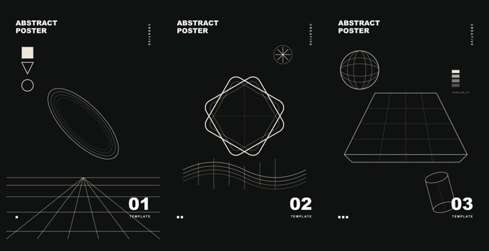 Abstract poster set with geometric wireframe shapes