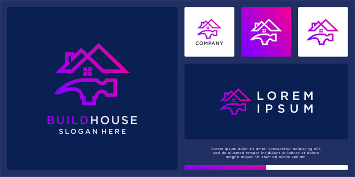Build house logo design template with hammer