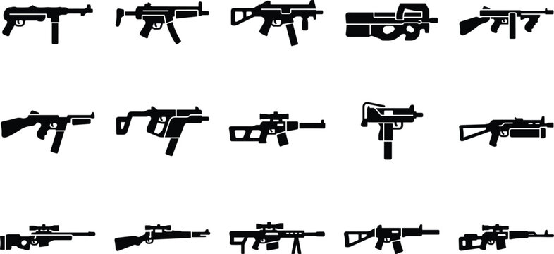 Set of various submachine guns and assault rifles silhouettes