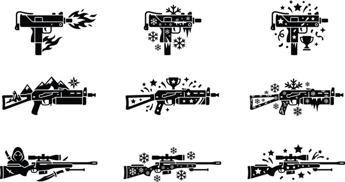 Set of weapon icons with fire, winter, and victory themes