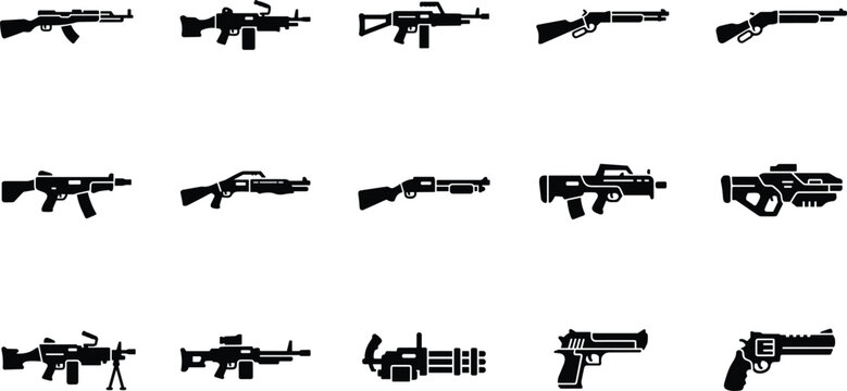 Set of various firearm icons including rifles, shotguns, and handguns