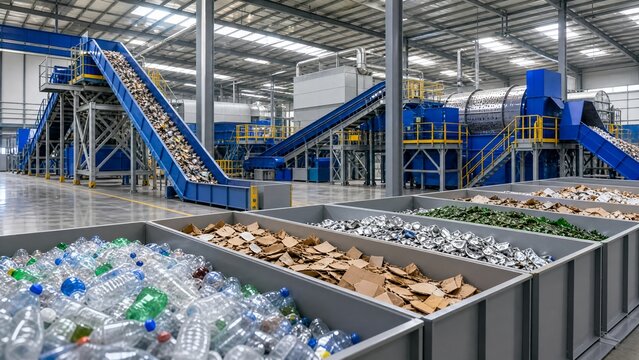 A modern recycling plant interior, with clean, sorted materials and advanced machinery