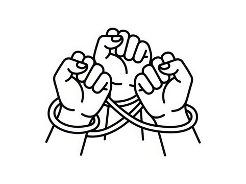 Black and white line art illustration of human fists raised up with broken chains representing freedom and liberation from oppression