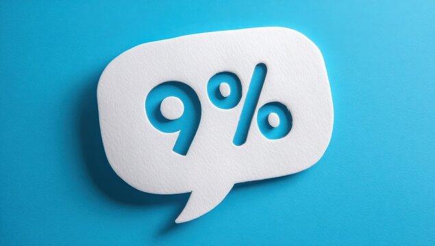 Nine percent paper cut speech bubble on blue surface representing financial growth with background discount business communication marketing promotion interest minimalist creative