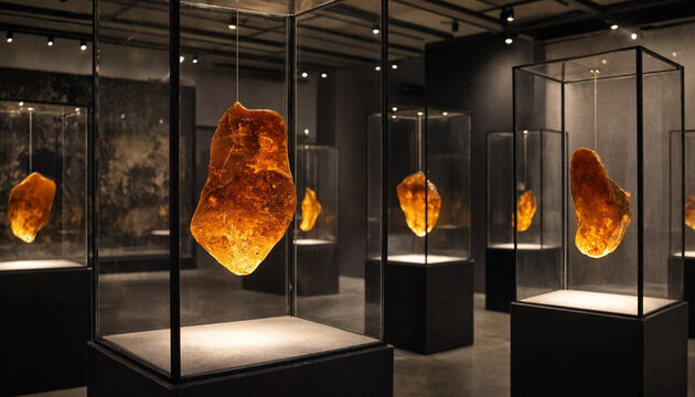 Glowing amber specimens suspended inside glass display cases on black pedestals within a dark, dimly lit museum gallery exhibition space
