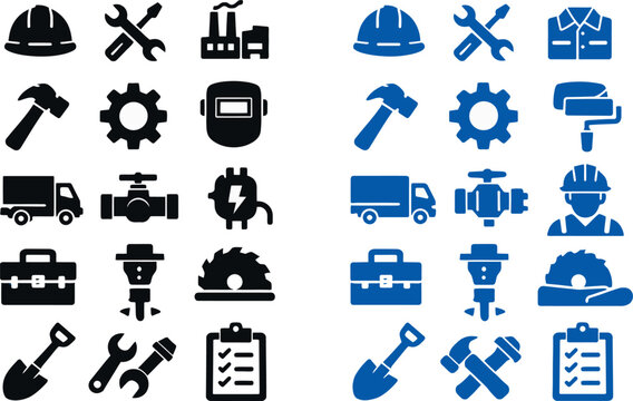 Industrial Construction Icon Set Solid Black and Blue Vector Symbols