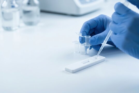 Gloved hands performing rapid diagnostic test in laboratory setting