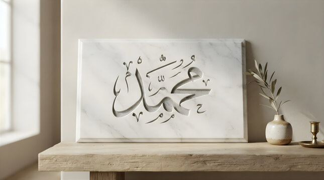 Elegant Arabic Calligraphy of Prophet Muhammad Name Engraved on Luxury White Marble Background