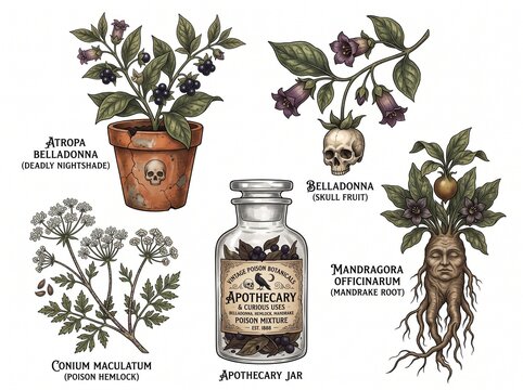 Set of isolated vintage botanical poison plants for Halloween featuring deadly nightshade and mandrake root in fine illustration style, generative AI., 