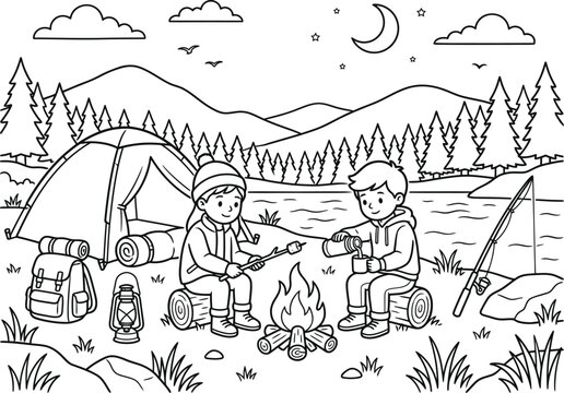 Camping adventure coloring pages design kids activity book illustration with tent fire and outdoor scenery