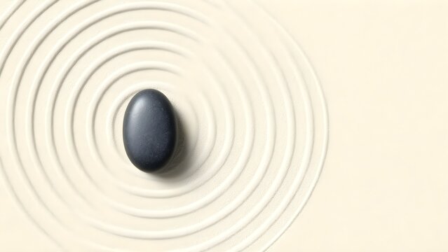 Raked sand circles in zen garden with one dark stone, meditation calm