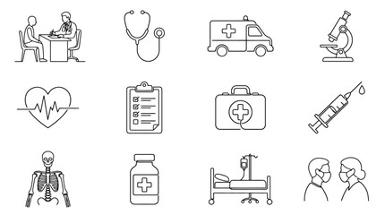 Medical Icons Set: Healthcare, Doctor, Ambulance, Microscope, Heartbeat, Syringe, Skeleton © aef