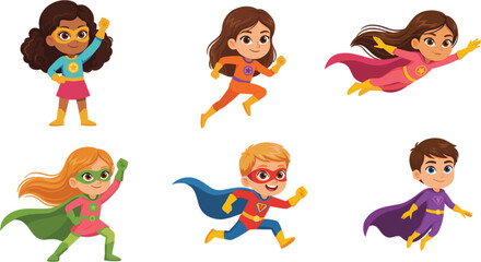 Cute superhero kids characters collection with flying, running and action poses cartoon vector illustration set isolated design pack © MASUMA