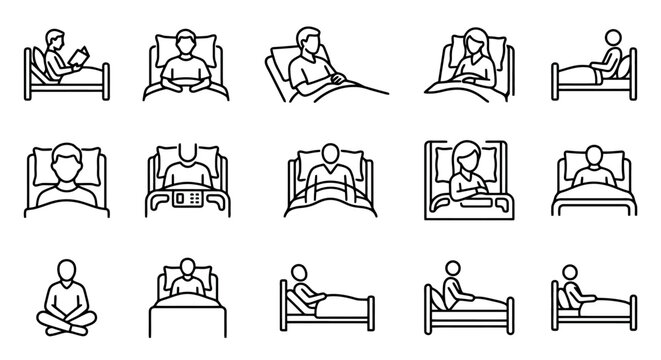 Patient Bed Icon Set: Rest, Illness, Hospitalization, Healthcare, Recovery, Sleep, Medical Care