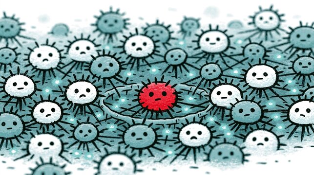 Cluster of teal spiky characters surrounding one red outlier in a hand drawn sketch