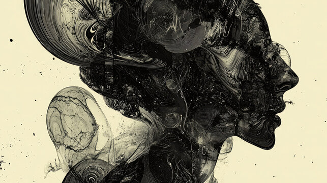 Abstract black lines swirling pattern human face profile intricate texture surreal art monochrome emotional creative modern expressive design