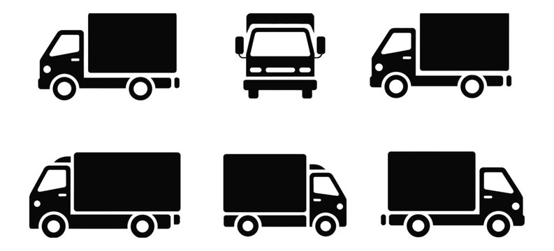 Delivery truck icon set, shipping truck silhouettes in side and front views, logistics transport, moving service and commercial freight vector illustration set.
