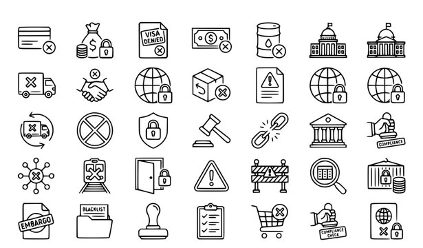 Modern Outline Icons for Economic Sanctions Trade Embargo and Compliance Restrictions Vector Set