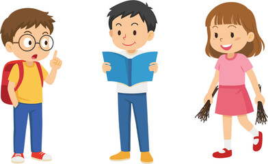 Cute school children characters reading, learning and playing cartoon vector illustration set isolated on white background collection