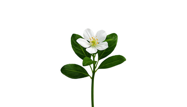 This image features a single white jasmine flower with five petals and a yellow center, set against a stark white background