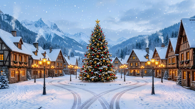 Large decorated christmas tree in a snowy village square with mountains in the background