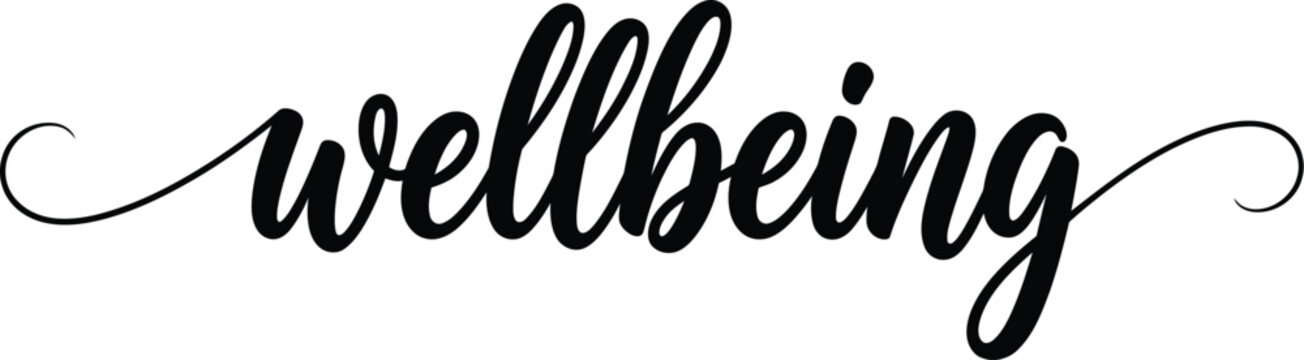 Wellbeing Cursive Script Lettering with Curl Tails Black Typography Vector Isolated on Transparent Background