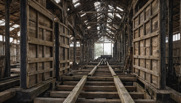 Interior view of an abandoned wooden warehouse with decaying timber structures, support beams, and old railway tracks running through center