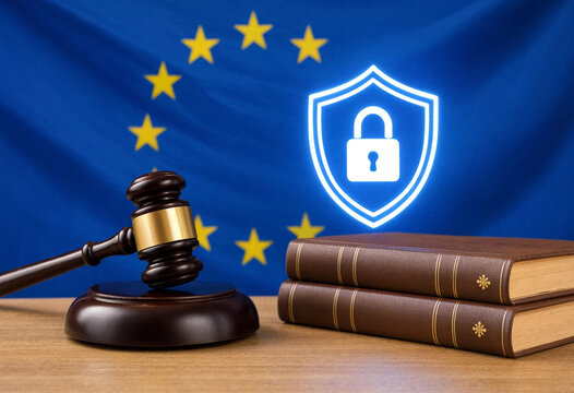 A wooden gavel and law books with a glowing digital security shield icon in front of the european union flag