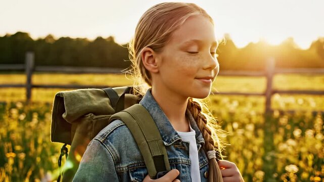 Girl with backpack hikes through flower field at sunset. Child smiles in golden meadow near wooden fence. Young hiker with braid enjoys countryside trip. Kid explores rural field at warm dusk.