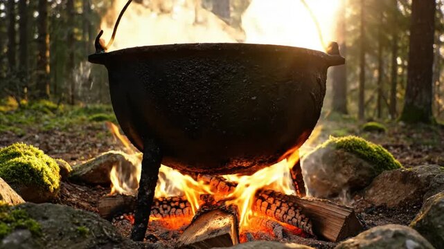 Black cast iron cauldron boiling over a campfire in a lush forest with sun rays shining through the trees creating a peaceful scene