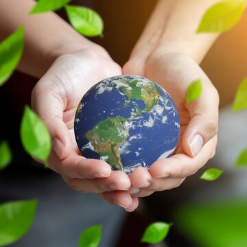Hands holding globe with green plant in background.
