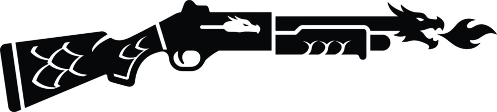 Stylized shotgun silhouette with dragon head design and fire muzzle flash