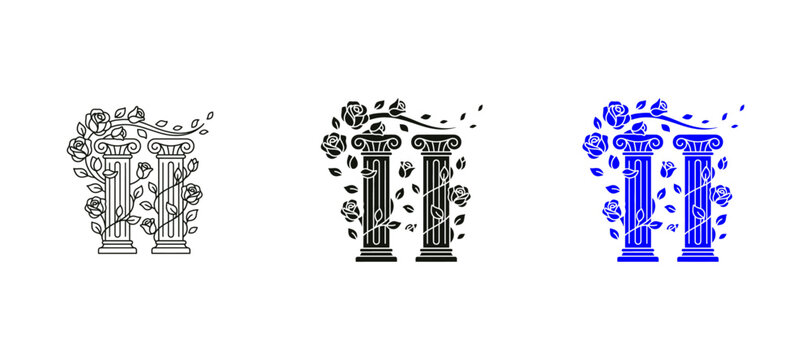 Floral Columns Line Icon - Greek Pillars Wrapped in Rose Vines Vector Outline Illustration Isolated on White Background