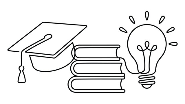 Continuous line drawing featuring academic graduation cap stacked books and glowing light bulb icon