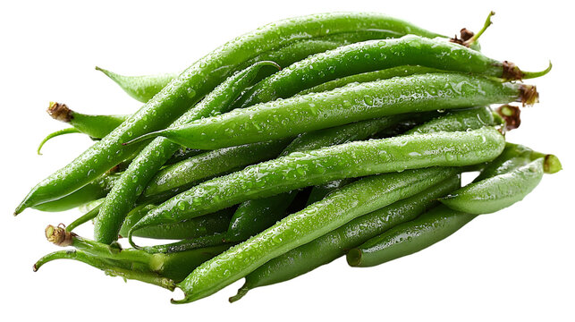 Heap of fresh raw green beans with dew drops isolated on solid black background

