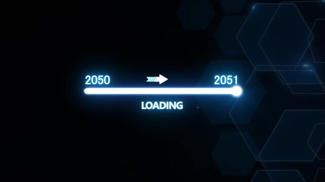 Futuristic loading bar progressing from 2050 to 2051, digital technology concept, time transition animation, cyberpunk ui