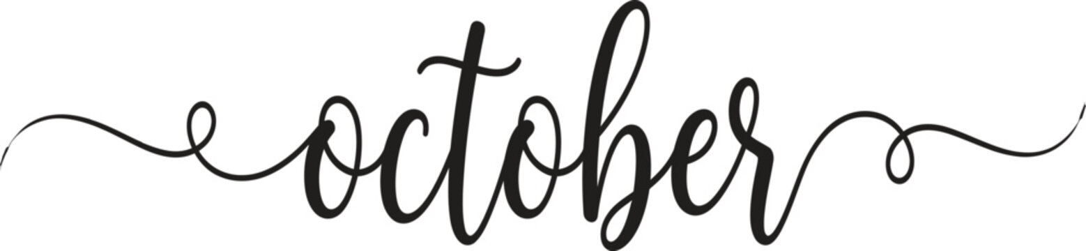 October Hand Lettering Calligraphy Month Name Text with Decorative Swirl Black Typography Vector Isolated on Transparent Background