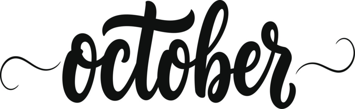 October Month Name Cursive Script Lettering with Tail Swirl Black Typography Vector Isolated on Transparent Background