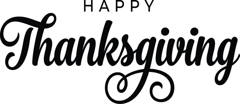 Happy Thanksgiving Hand Lettering Calligraphy Text with Decorative Swirl Flourish Black Typography Vector Isolated on Transparent Background
