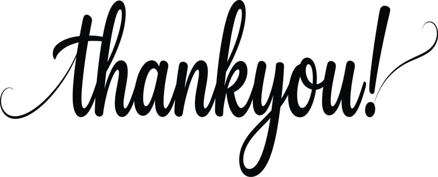 Thankyou Exclamation Hand Lettering Calligraphy Text with Curl Tail Black Typography Vector Isolated on Transparent Background