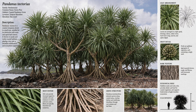 Informative educational infographic poster about pandanus tectorius plant featuring botanical root systems, and habitat details
