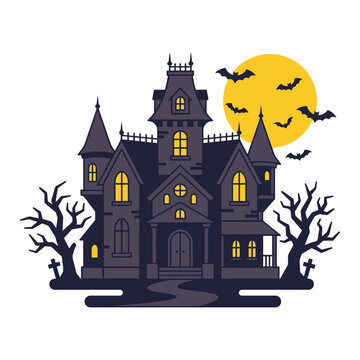Spooky haunted mansion with flying bats with mansion glowing yellow depicts dark haunted