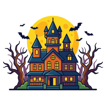 Spooky haunted mansion illustration with bats with cartoon haunted house bats flying near large yellow moon