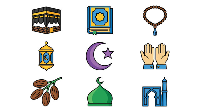 Set of nine colorful religious icons representing islamic traditions with practice with icons
