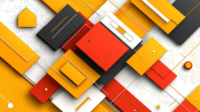 Geometric abstract pattern with overlapping yellow red black and white rectangles diagonal stripes and dotted texture creating modern dynamic and vibrant composition