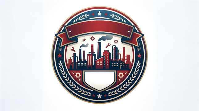 Industrial factory emblem badge with smoke stacks and empty banner industry manufacturing production industrial construction engineering business