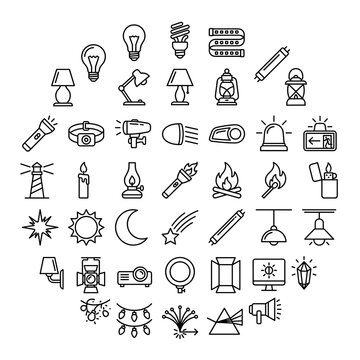 Modern Thin Line Light Source Icon Collection with 45 Editable Outline Symbols for Smart Lighting, Electricity, Decoration, and User Interface Design