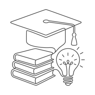 Continuous single line drawing of graduation cap stacked books and glowing light bulb icon concept